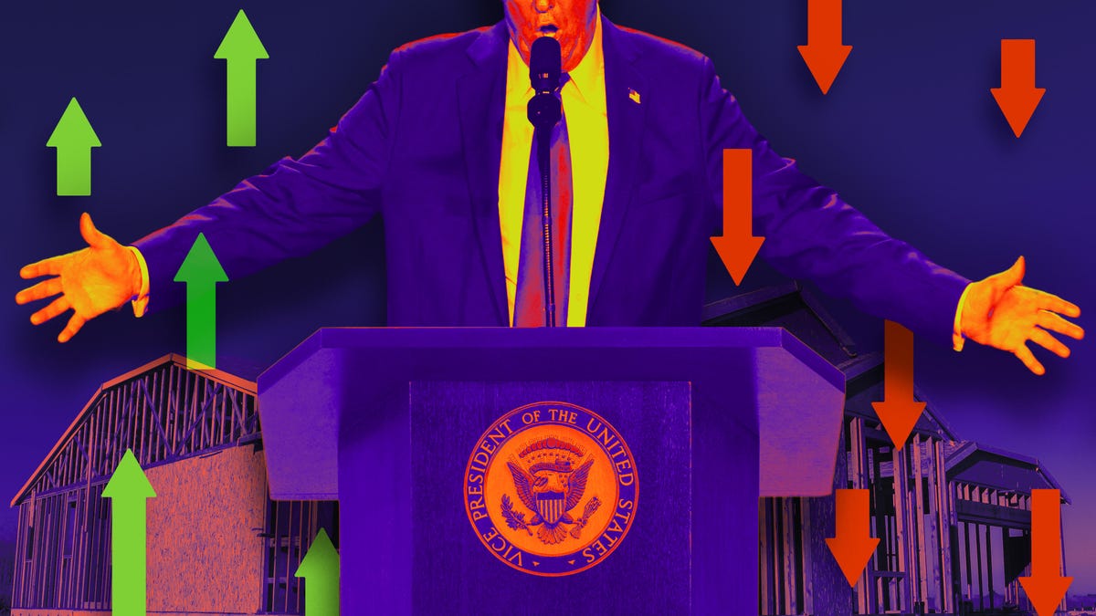 Trump at podium with arrows up and down behind him