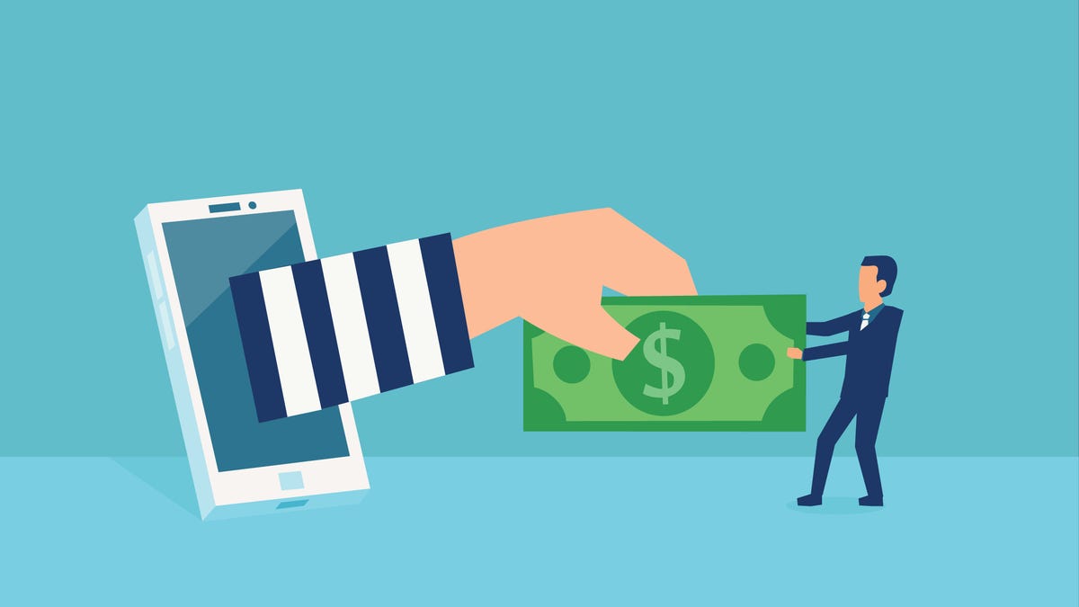 a big arm in a striped black-and-white shirt reaches out from a mobile phone to steal a doll