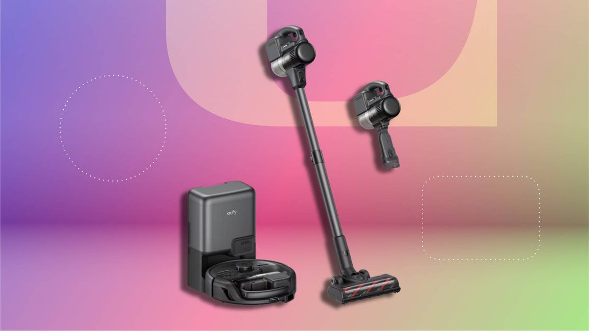 A Eufy 3-in-1 robot vacuum on a CNET background.