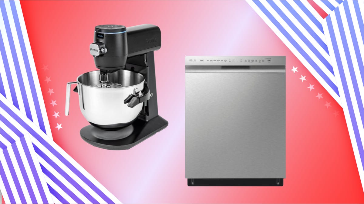 Foreground from left: black GE stand mixer with white bowl, silver LG dishwasher. Background: red and white gradient with blue and white stripes on the right/left border