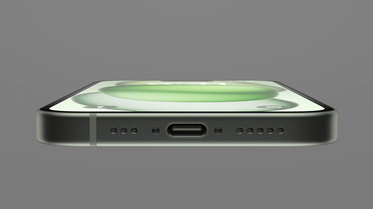 A straight-on look at the iPhone 15's USB-C charging port.