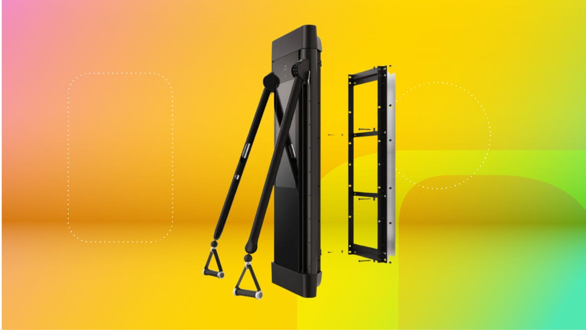 From left: weight-lifting system with wall mount against coral, orange and mint green CNET background.