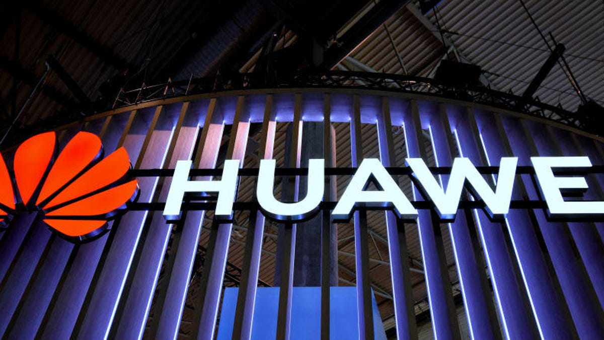 Logo of the Chinese Huawei brand seen during the Mobile
