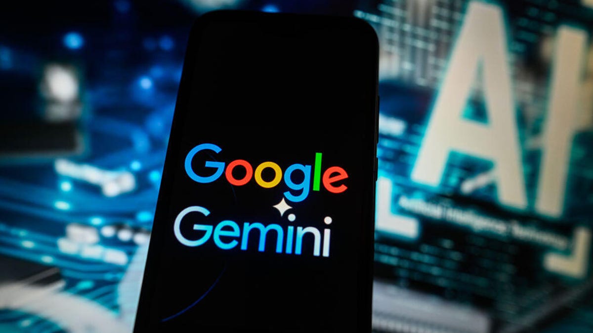 A smartphone is shown with the Google logo and the Gemini logo.