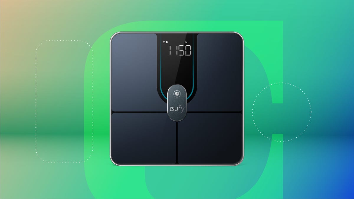 Eufy digital scale on green/blue background