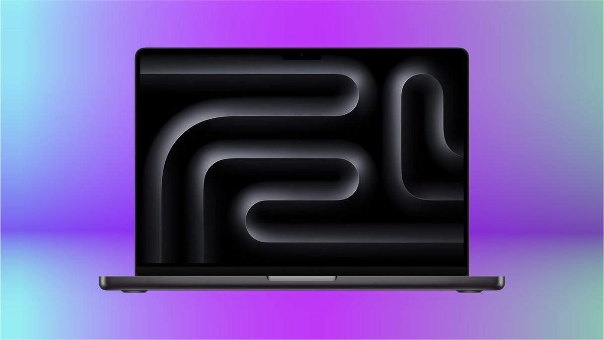 The Apple MacBook Pro M4 (14-inch) is displayed against a purple background.