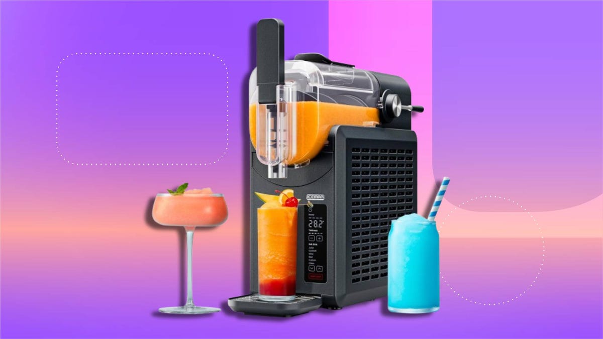 Countertop frozen drink machine for making slushies from juice, soda and cocktails, with a modern black design and easy-pour dispensing lever on CNET background.