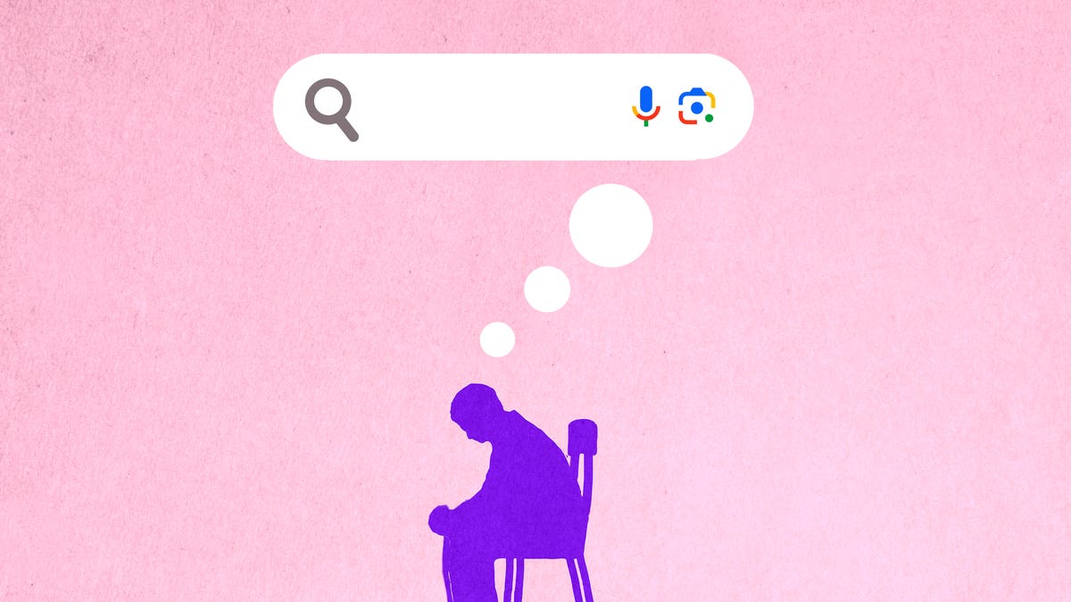 a purple silhouette of a person sitting on a simple chair with a white thought bubble showing the search field from Google