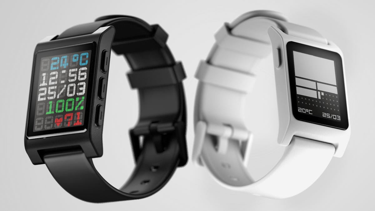 A black and a white Pebble smartwatch, side by side