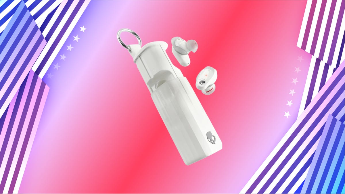 White clip-on case with white earbuds. Background from left: blueand white stripes, red and white gradient, blue and white stripes.