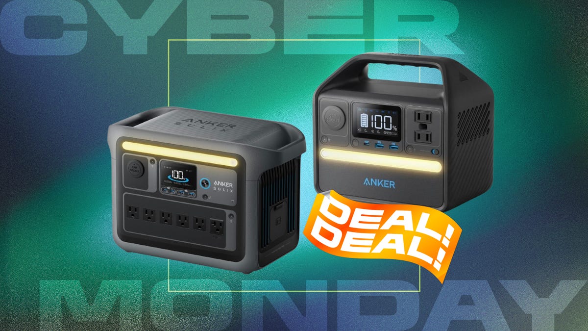 From left: large Anker power station with small power station with handle against blue/green CNET background.