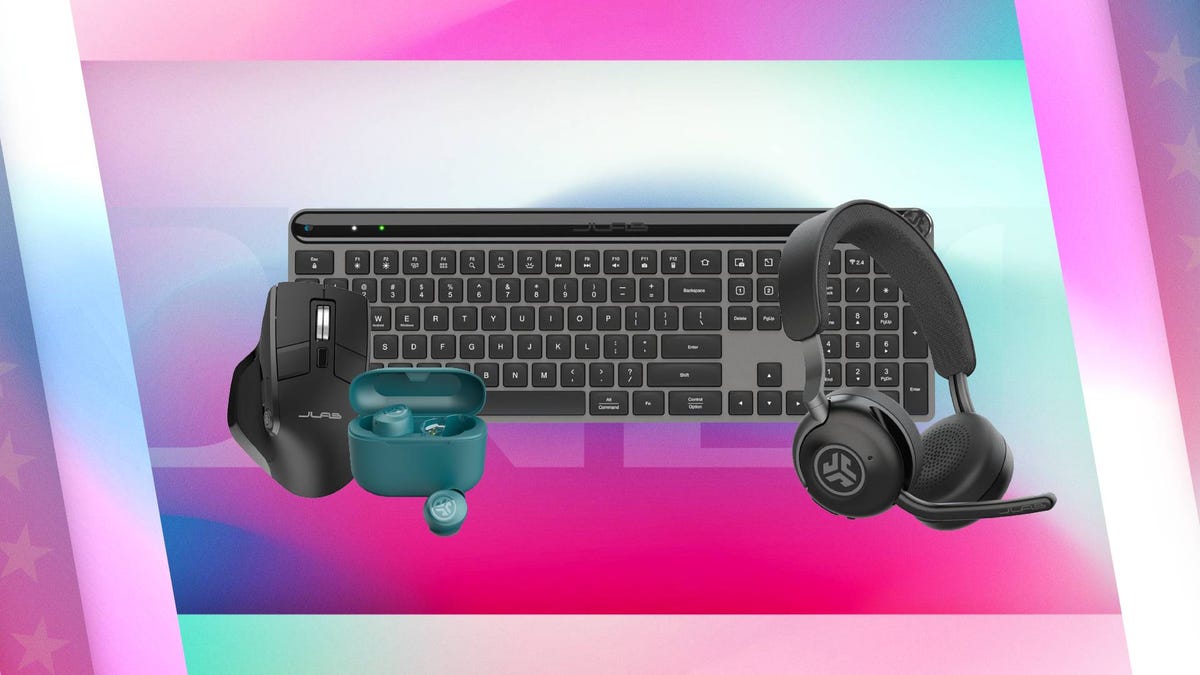 A mouse, keyboard, headset and pair of earbuds against a multicolored CNET background.