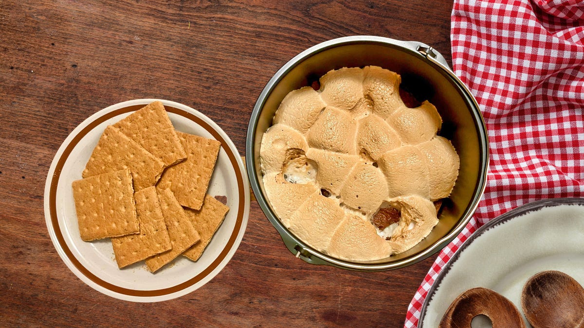 graham crackers on a plate and s'mores dip on a wooden picnic table with a checkered cloth