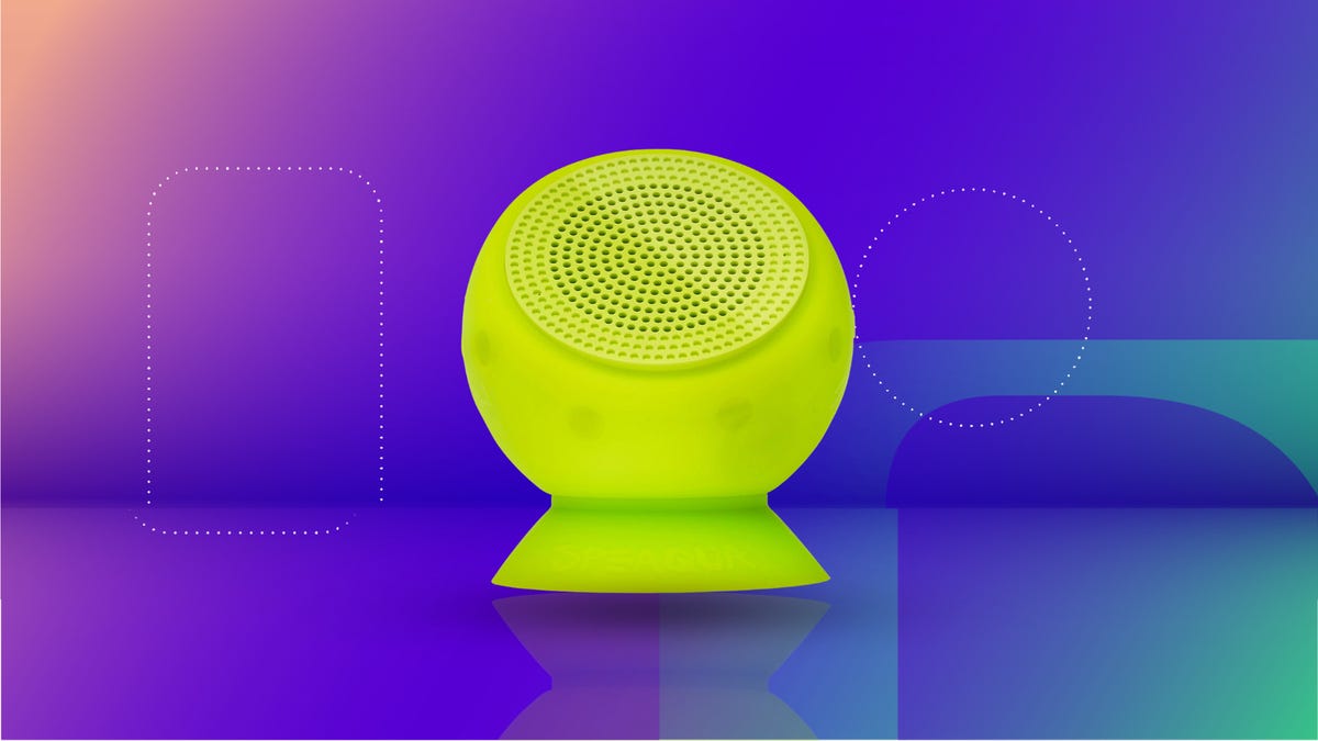 The Speaqua Barnacle Pro Pickleball Bluetooth speaker is displayed against a gradient blue background.