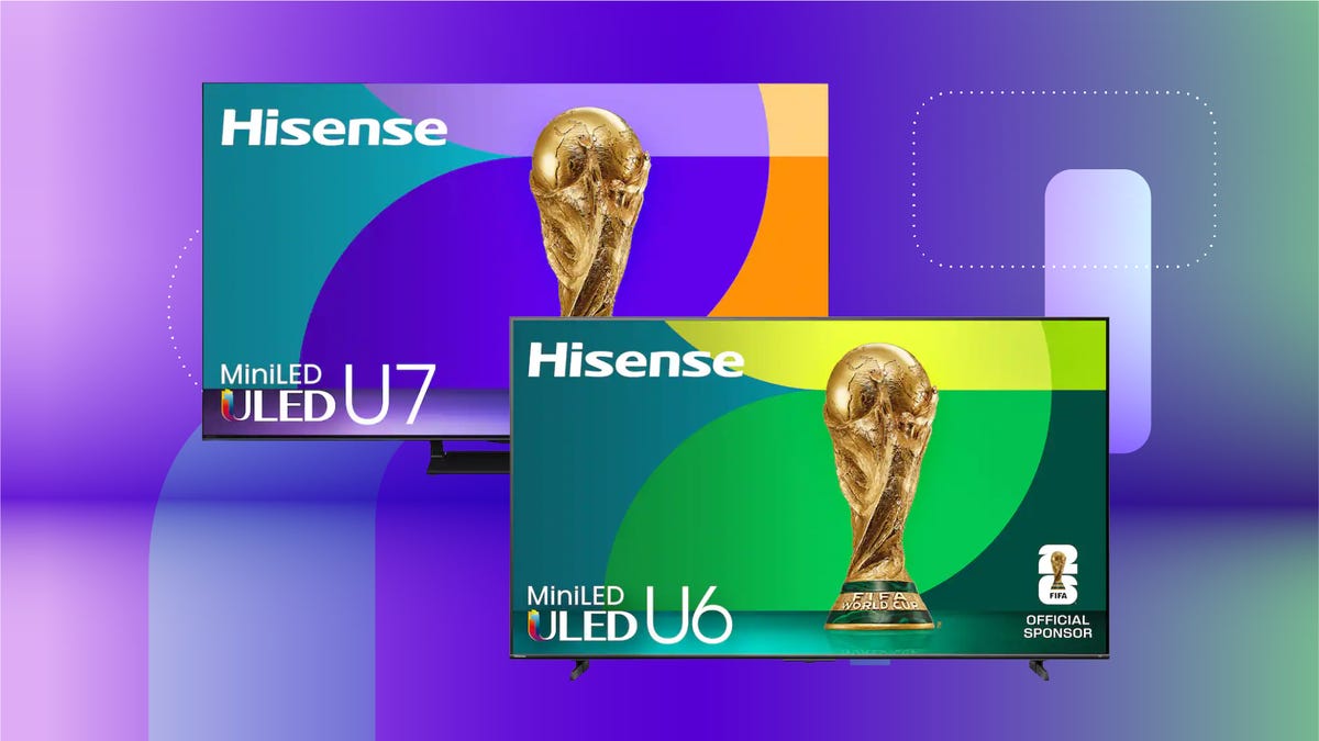 Two flat-screen TVs displayed, each showing a gold trophy, highlighting Mini LED display technology and different model series on CNET background.
