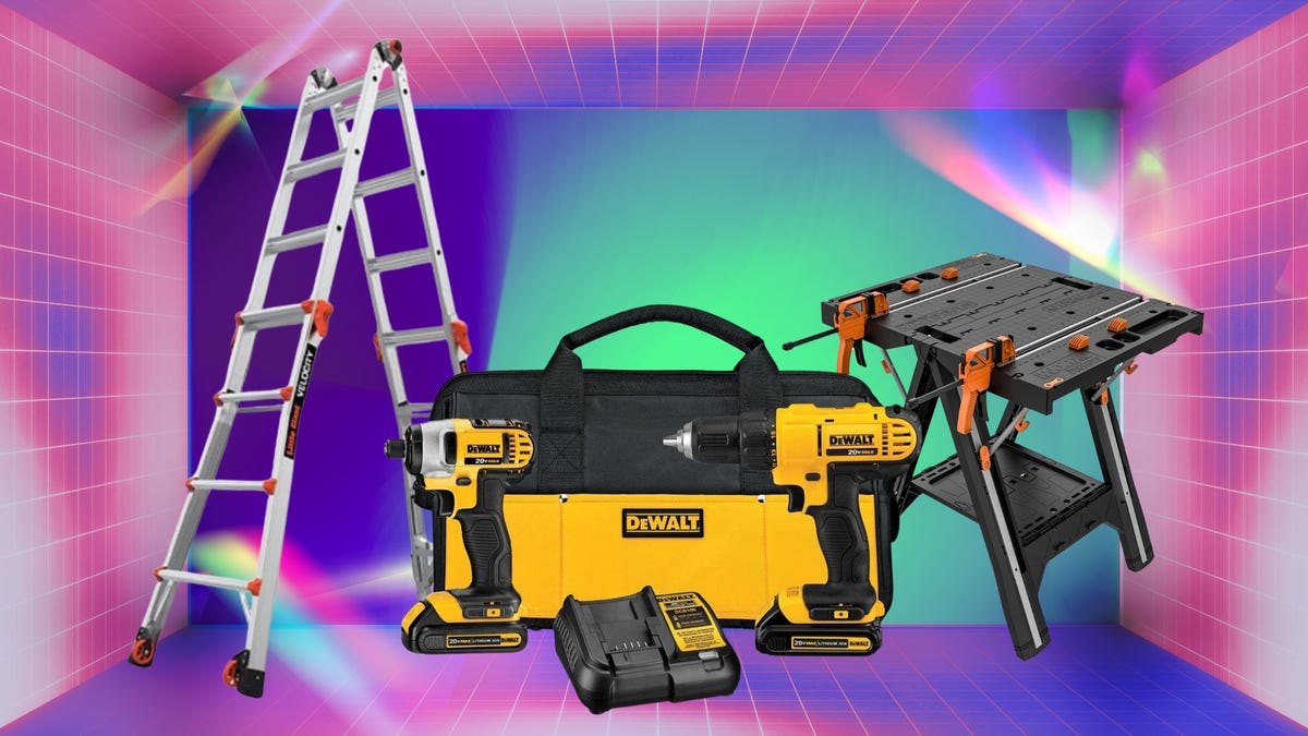 A ladder, a cordless drill, an impact driver and a folding work table and sawhorse are displayed against a pink, purple and green background.