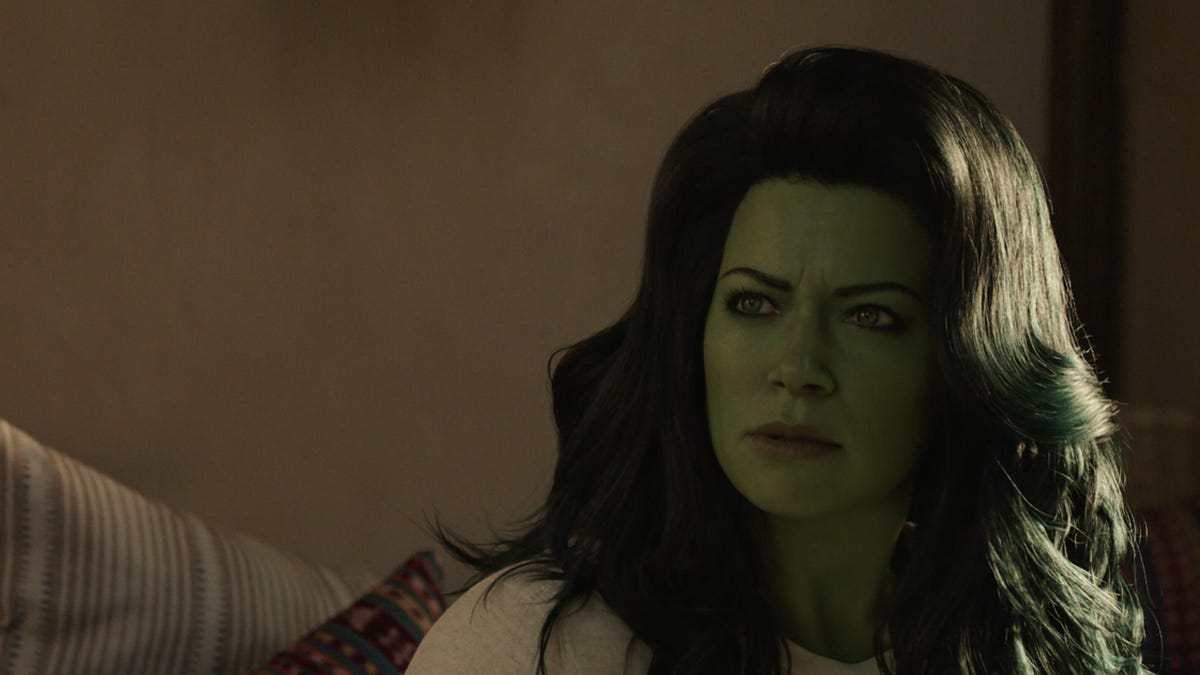 She-Hulk, a woman with green skin and superpowers.