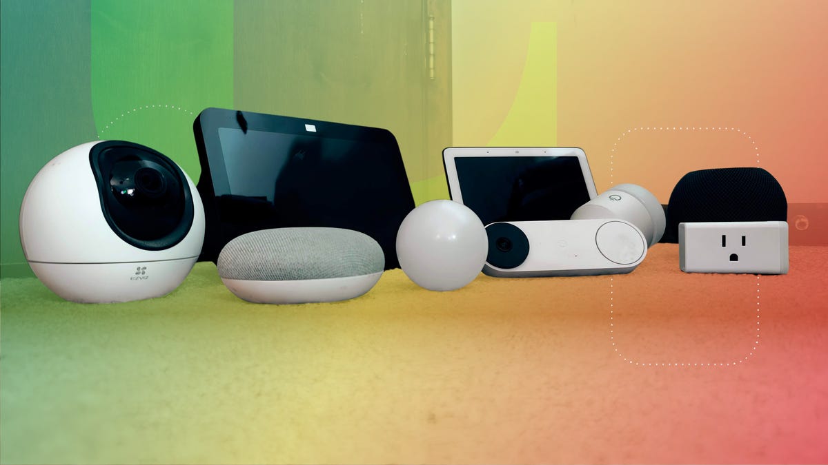 Smart cameras, lights, plugs, speakers and displays sitting on the floor.