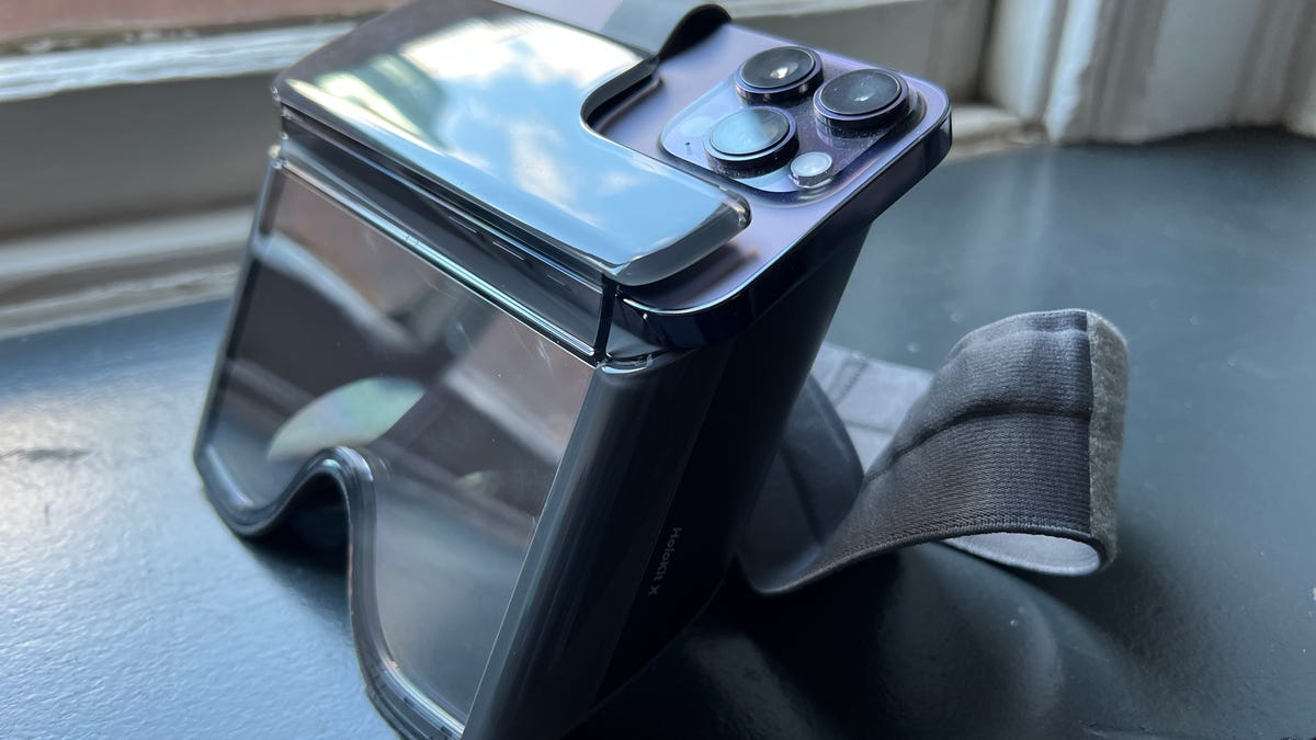 HoloKit X goggles with an iPhone 14 Pro inside