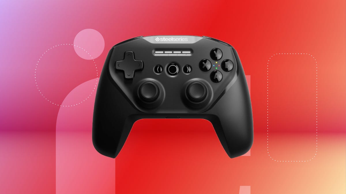Shows the SteelSeries Stratus controller on a red background.