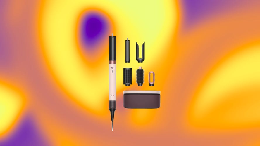 The Dyson Airwrap Co-anda2x and accessories over a purple and yellow abstract background.