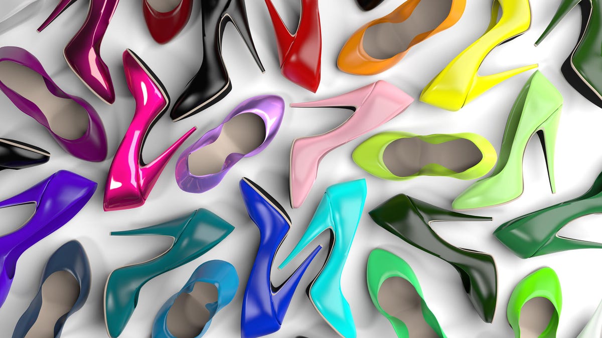 An image showing many high-heeled shoes in different colors and styles (gettyimages-475385249)