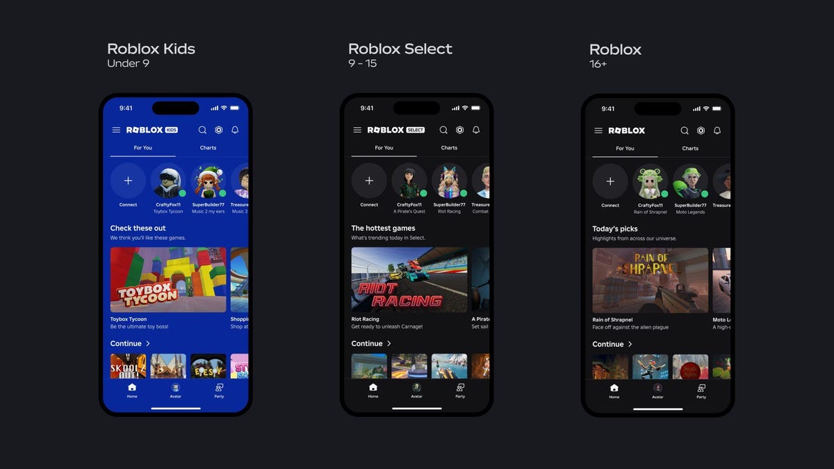 Three mobile screenshots show landing pages for the Roblox app with the labels Roblox Kids (Under 9), Roblox Select (9-15) and Roblox (16+) showing the way the app will appear to different age groups.