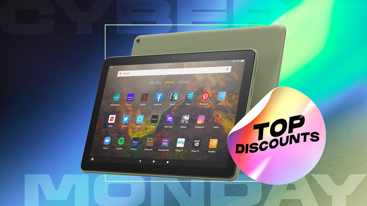 The Amazon Fire HD 10 tablet is shown on a blue and green Cyber Monday background with a sticker that says "top discounts."