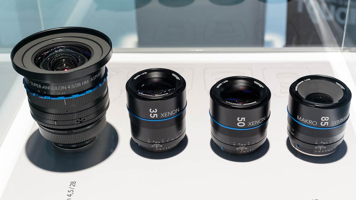 Schneider Kreuznach, headed more toward the mainstream SLR market, added four lenses to its lineup. From left to right are a wide-angle 28mm f4.5 tilt-shift model, 35mm and 50mm f1.4 primes, and an 85mm f2.4 macro.