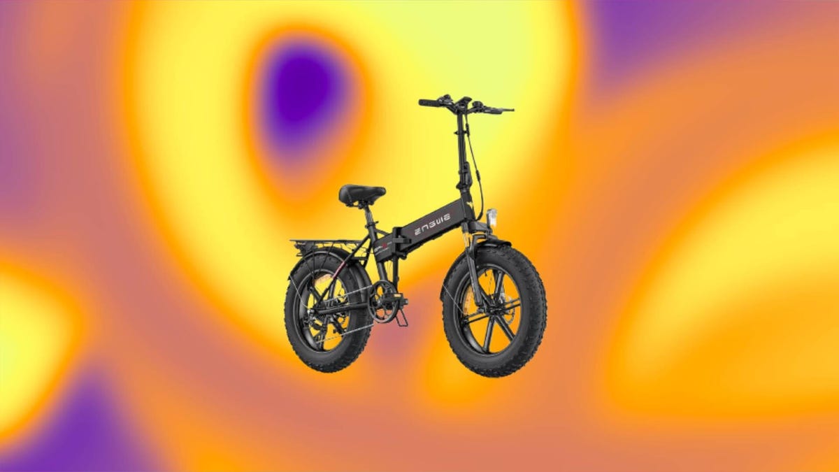 The Engwe EP-2 Pro Electric Bike over a yellow and purple abstract background.