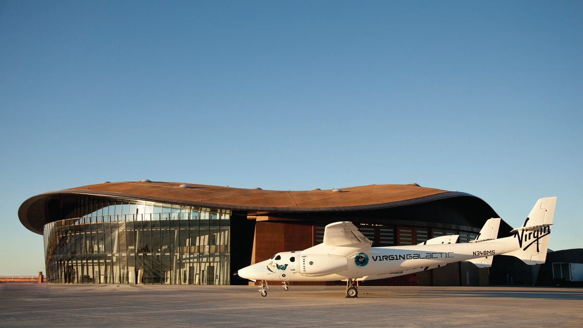 WhiteKnightTwo carrier aircraft, VMS Eve on tarmac at Spaceport America, Virgin Galactic's Gateway to Space
