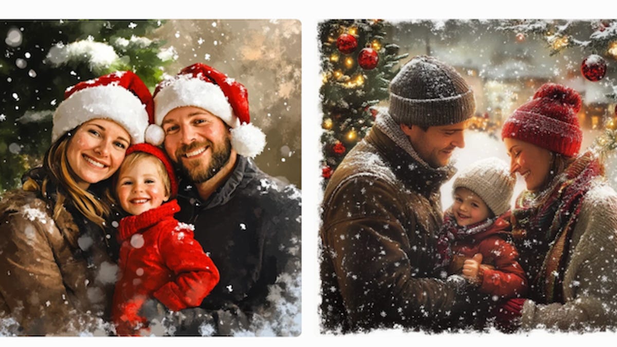 A screenshot of AI-generated holiday cards that produced a fake family for the writer.