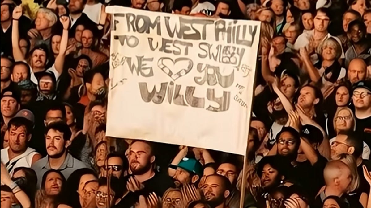 AI-generated crowd image with sign held up