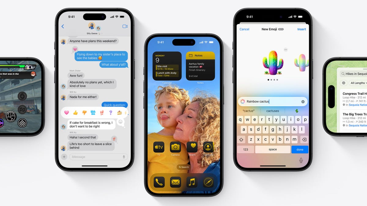 iPhones show a variety of iOS 18 features on different apps.