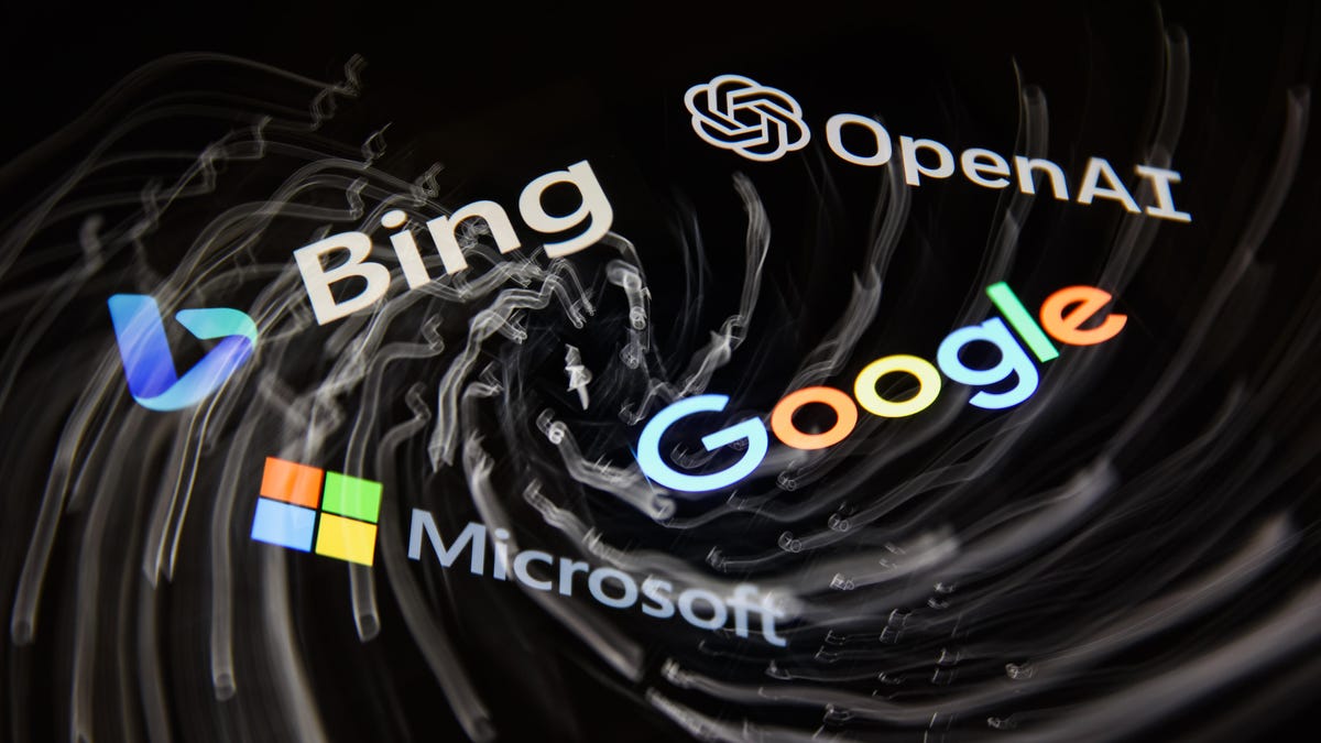 Photo-illustration showing Bing, Google, Microsoft and OpenAI logos against a black background, along with a spiral design, as if the logos are swirling in some sort of virtual space.