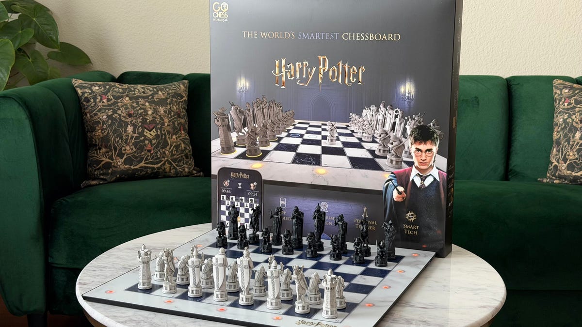 Harry Potter Wizarding chess board is set up on a table, ready to play.