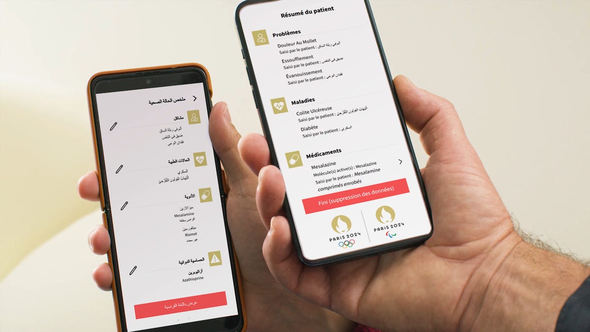 Two hands holding phones with the Humetrix app translating their medical information in real-time.