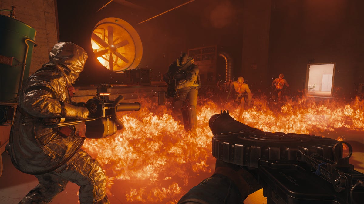 Art depicting firemen shooting enemies in a basement air duct with flames abound.