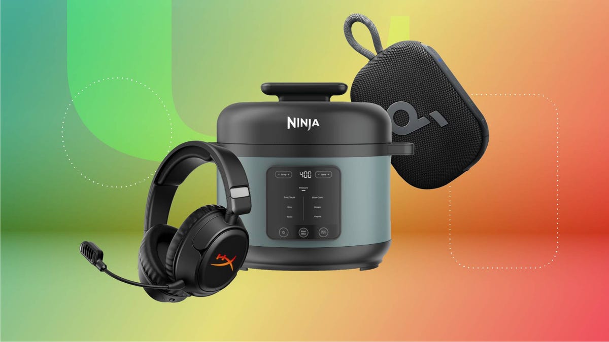 A gaming headset, pressure cooker and Bluetooth speaker against a green/red gradient CNET background.
