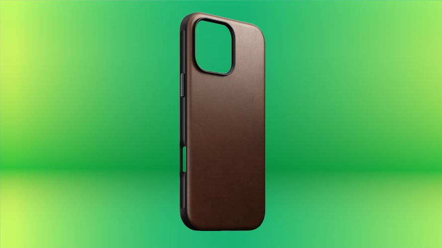 The Nomad Modern Leather iPhone 16 case in Olde Dublin in front of a green and yellow gradient background. 