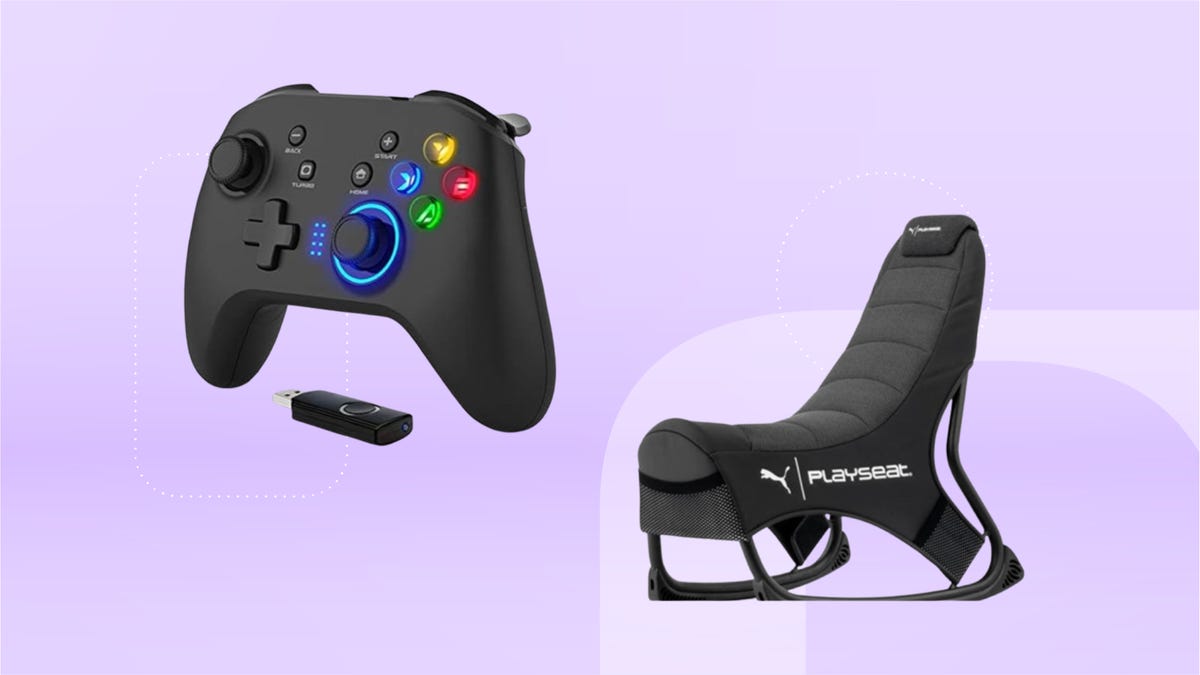 From left: black controller and black active gaming chair. Background: lavender gradient.