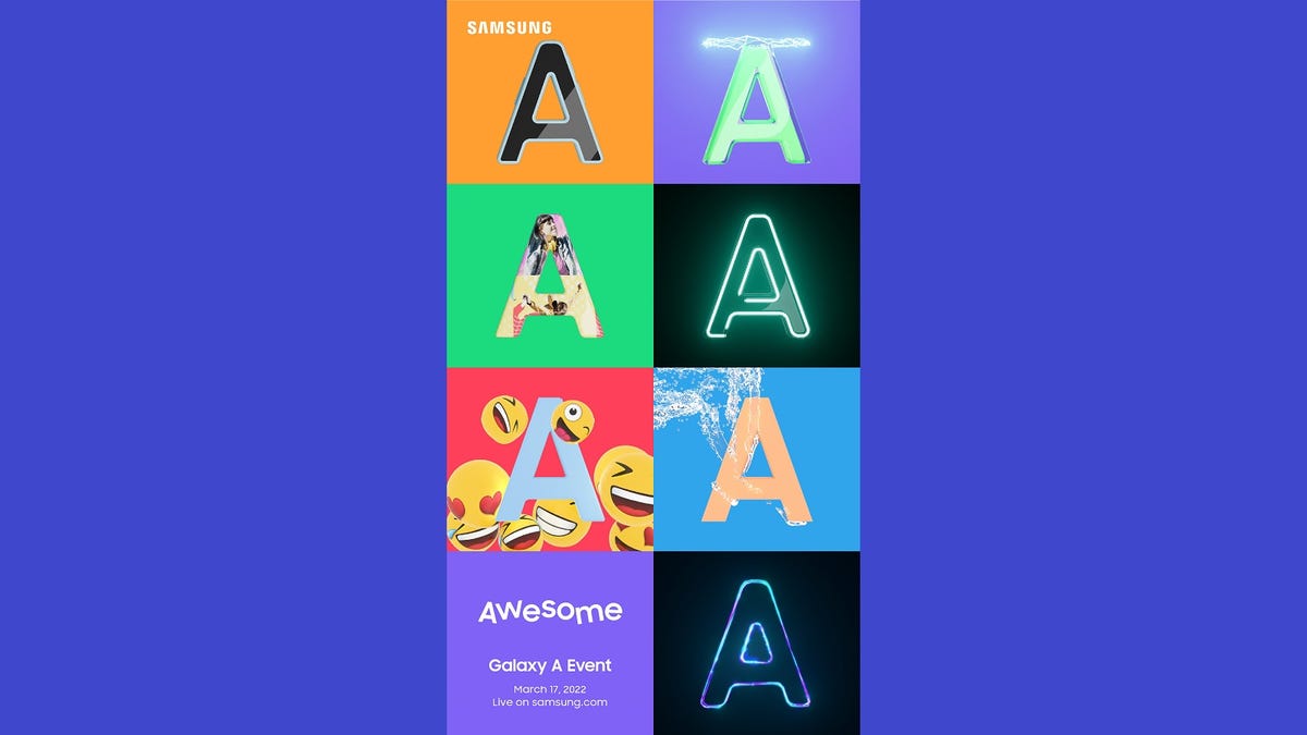 Flier for the Samsung Galaxy A event on March 17, 2022, showing seven 'A' letters in different colors with emojis, illuminating lights, neon outlines, and more possible hints.