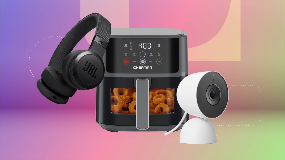 A pair of headphones, air fryer and security camera against a purple/pink gradient CNET background.