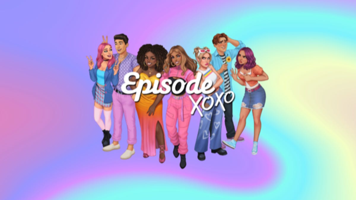 Episode XOXO title card showing seven cartoon people