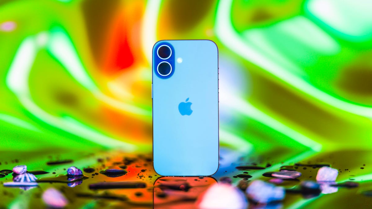 Apple's iPhone 16 among dancing lights.