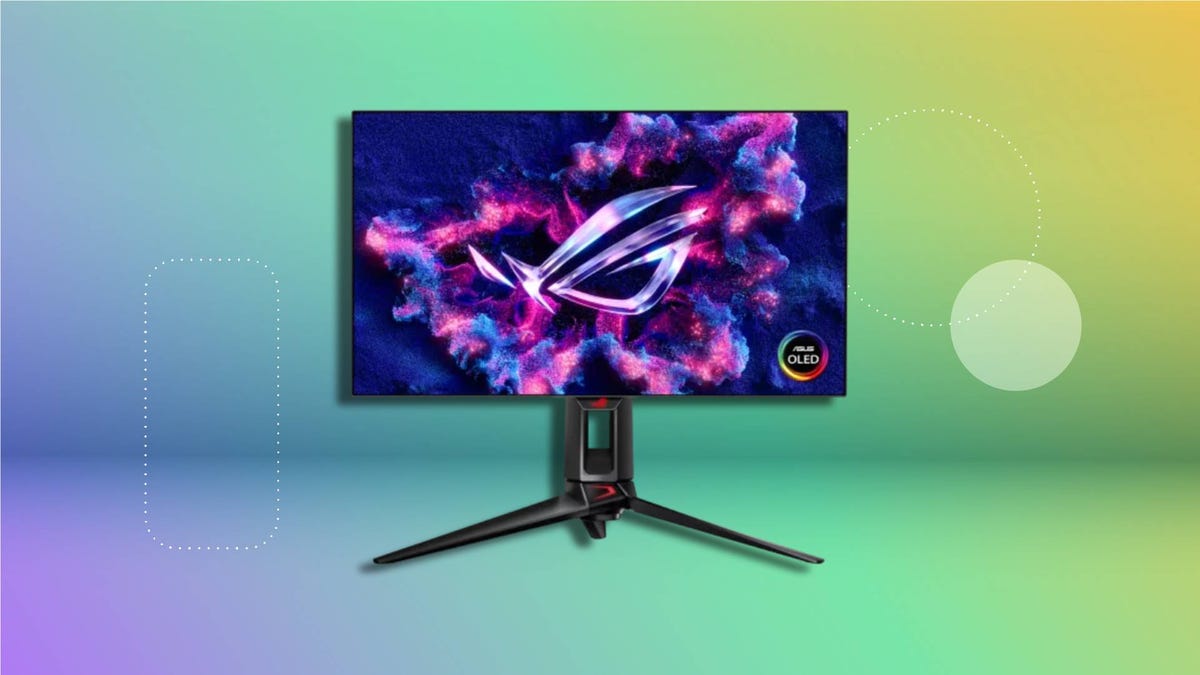 Sleek rectangular gaming monitor with a slim bezel display and tripod-style stand on CNET background.