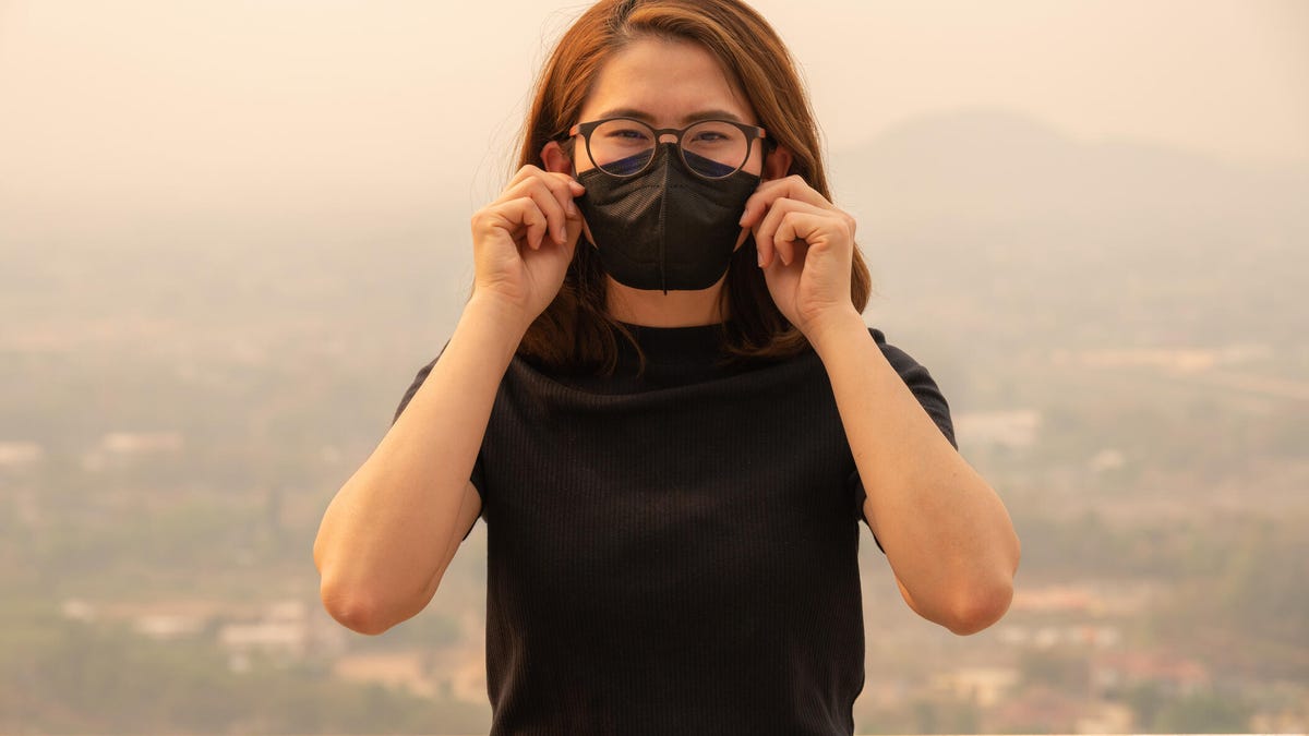 A person with short light brown hair wearing a black tee and glasses while putting on a black face mask in front of a smokey landscape.