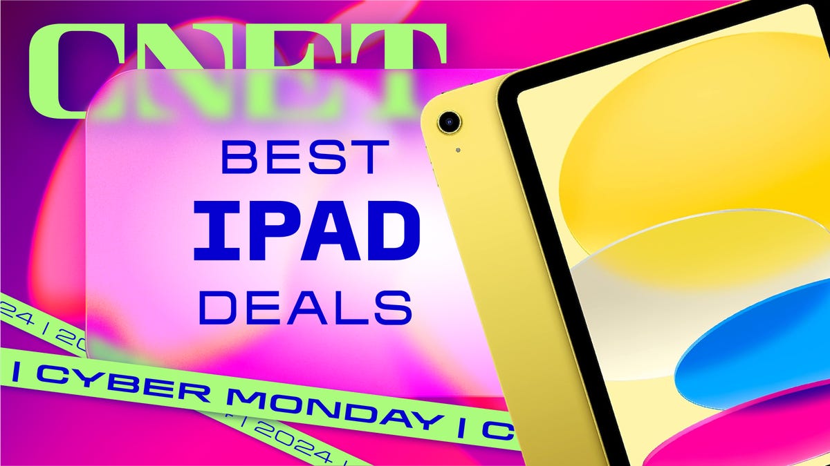 A yellow iPad set against a hot pink background with text that reads "CNET Best iPad Deals."