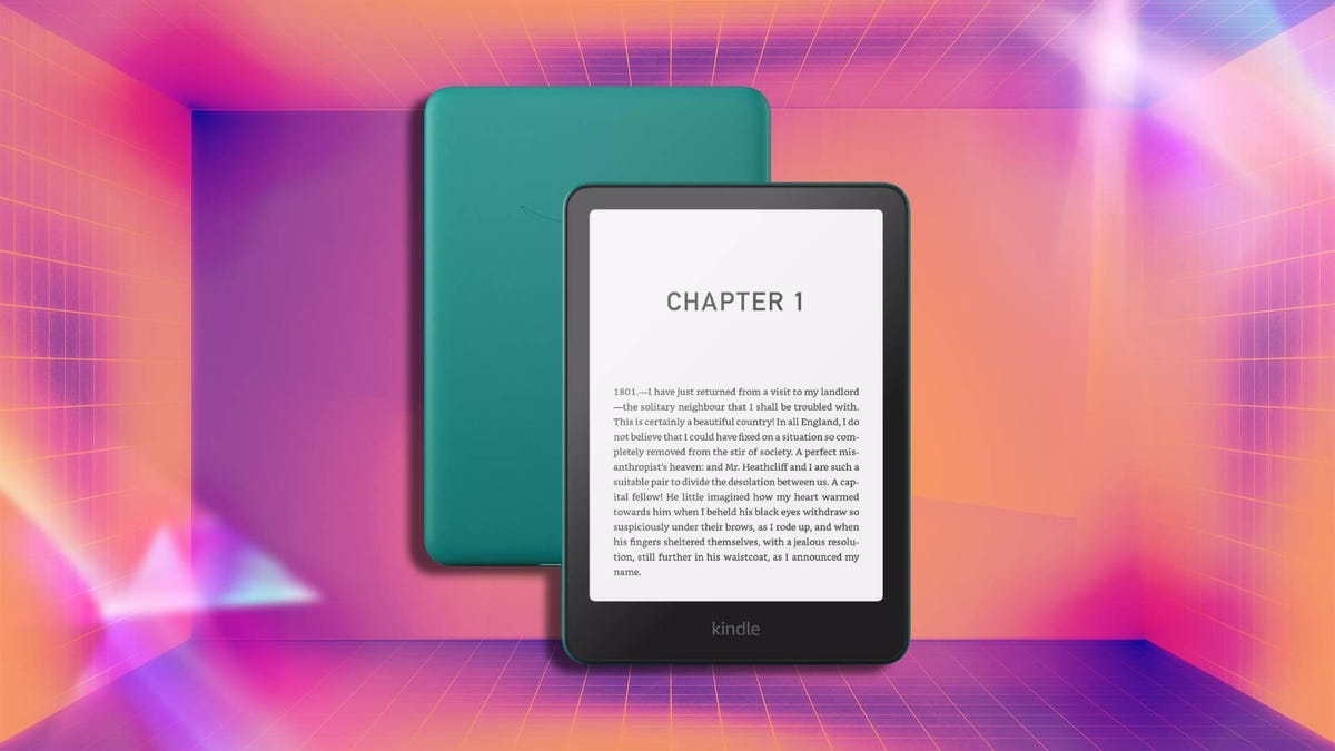 A green Kindle e-reader on a purple and red background