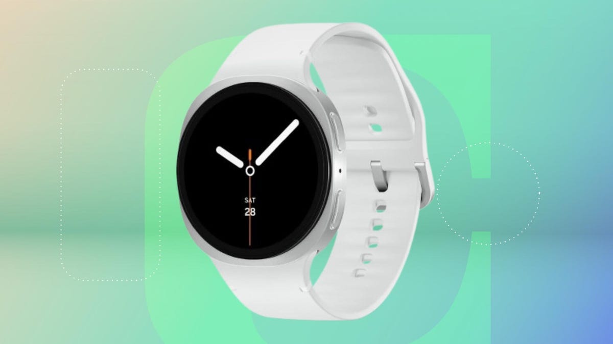 Samsung Galaxy Watch 8 in silver on a green background